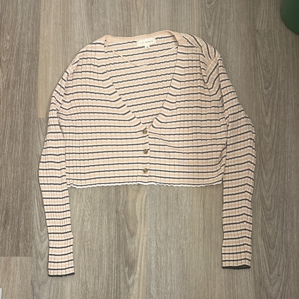 La Hearts Pink and Black Striped Button Down Shirt Cropped